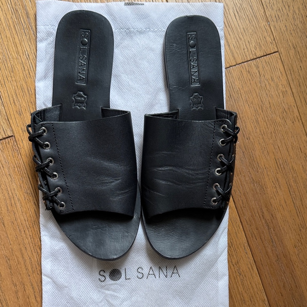 Sol Sana Black Leather Slide Mules with Side Lace-Up Detail